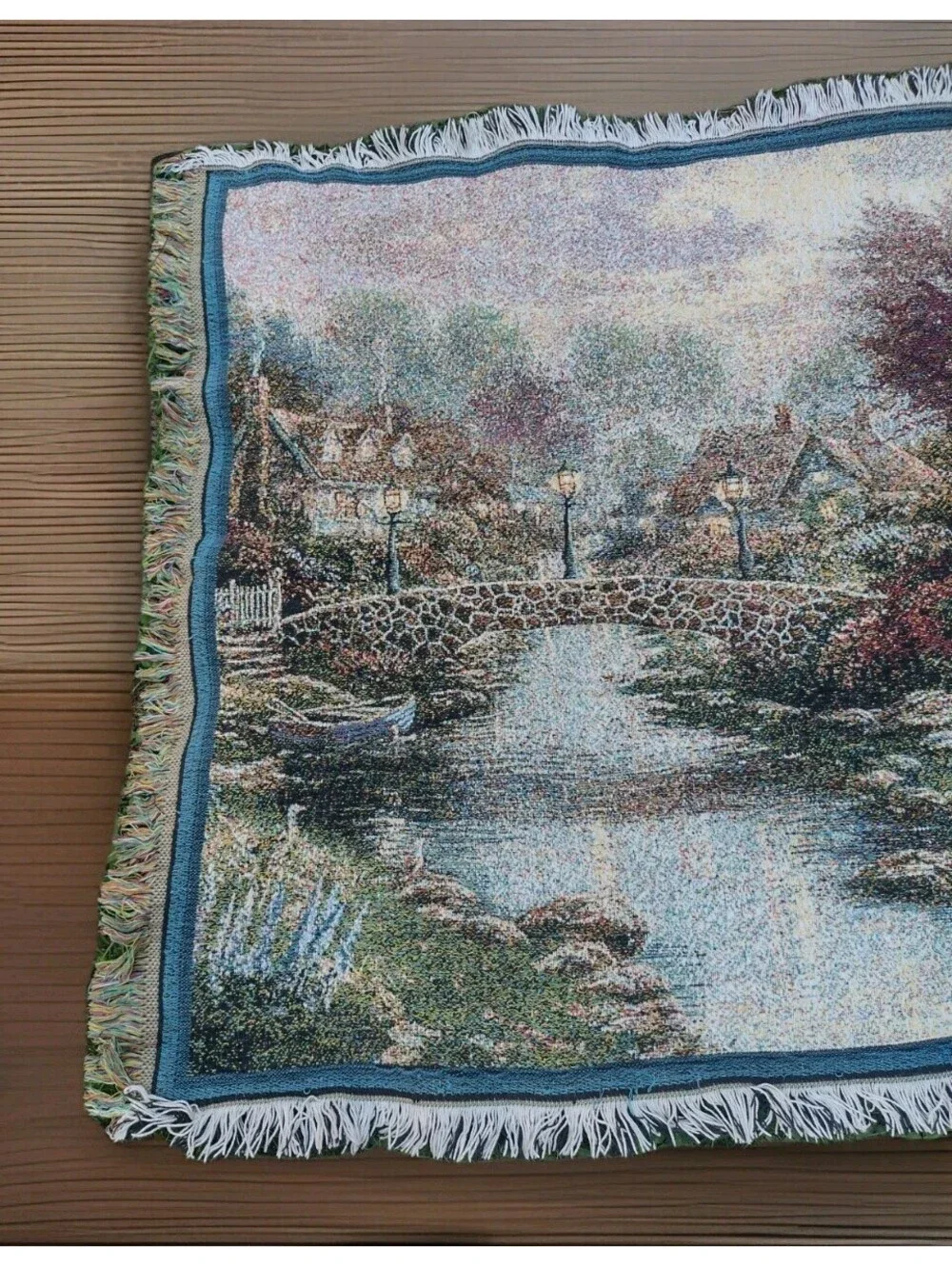 Thomas Kinkade Tapestry Throw Blanket Cottage Bridge Floral Cotton USA Licensed